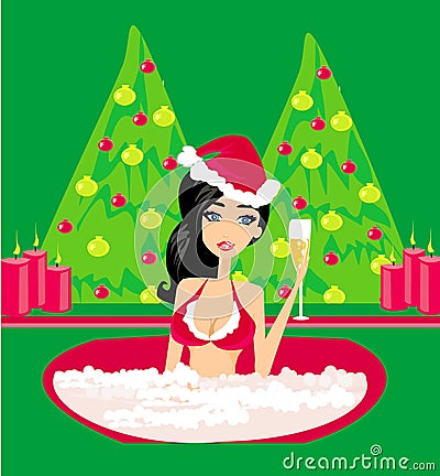 Woman in santa hat relax in bath. Christmas concept. Cartoon Illustration