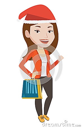 Woman in santa hat shopping for christmas gifts. Vector Illustration