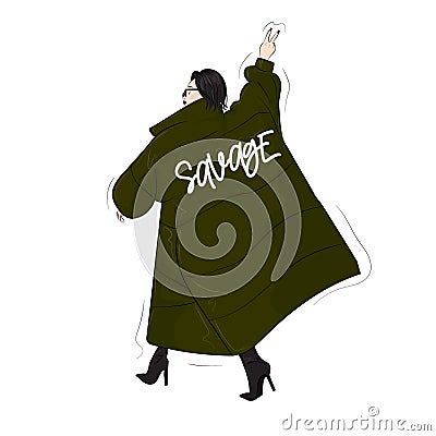 Woman in savage green oversize blanket coat. Casual street style look. Modern glamour autumn outfit. Magazine cove Vector Illustration