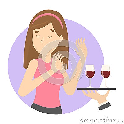 Woman say no to alcohol. Woman refuse glass of wine Vector Illustration