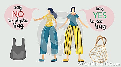 The woman says no to the plastic, the other says yes to the eco bags. save the planet from plastic concept. flat vector Vector Illustration
