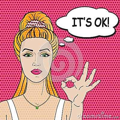 Woman says IT`S OK pop art comics retro style. Vector blond woman emotional reaction - ok Vector Illustration