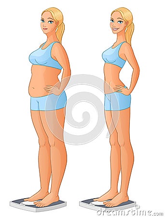 Woman on scale before and after weight loss. Cartoon vector illustration isolated on white background. Vector Illustration