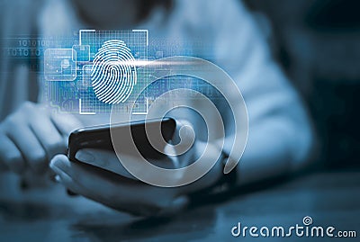 Woman scan fingerprint biometric identity and approval Stock Photo