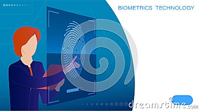 Woman scans fingerprint on touch screen. Scanning person fingerprint for mobile identification app. Search devices for scanning Vector Illustration