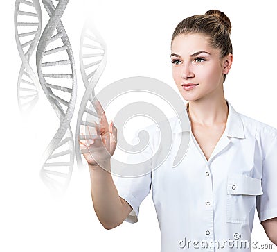 Woman science technologist touches DNA stems. Stock Photo