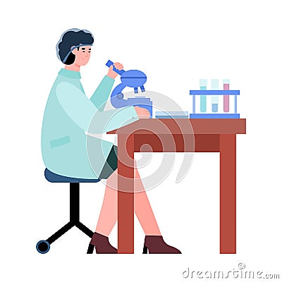 Woman scientist doing research food quality or medical analysis and test at lab. Vector Illustration