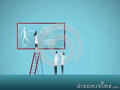 Woman scientist or professor and team discussing artificial intelligence concept. Symbol of woman achievement, new Vector Illustration