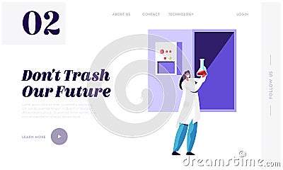 Woman Scientist Recycle Trash in Laboratory to Clean Environment and Ecology Landing Page. Garbage Utilization Service Vector Illustration