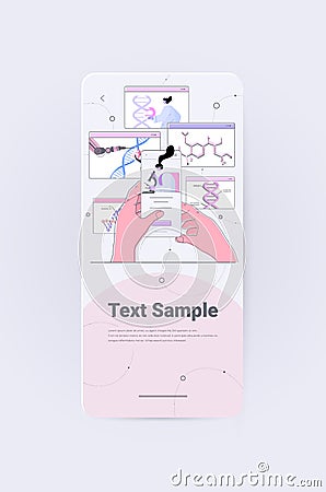 woman scientist using microscope analyzing DNA structure on smartphone screen researcher making experiment in lab Vector Illustration