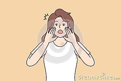 Woman screams loudly using palms instead of gramophone tell important news. Vector image Vector Illustration