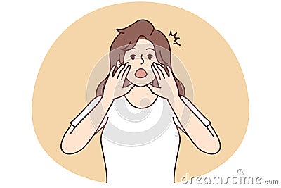 Woman screams loudly using palms instead of gramophone tell important news. Vector image Vector Illustration