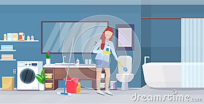 Woman scrubbing toilet with scrub brush housewife doing housework cleaning concept modern bathroom interior female Vector Illustration