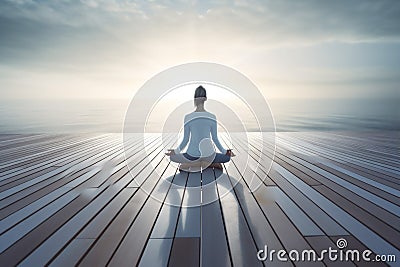 woman sea young ocean pier summer yoga lifestyle lotus pose fitness relax. Generative AI. Stock Photo