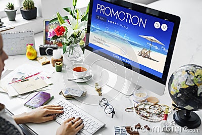 Woman searching flight promotion online Stock Photo