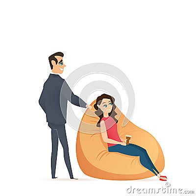 Woman Seat in Beanbag Chair, Man Stand Behind Vector Illustration