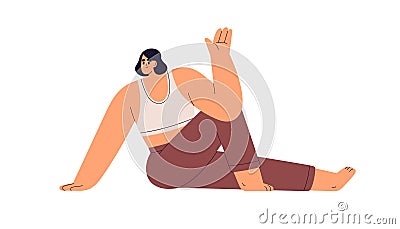 Woman in seated spinal twist yoga pose. Young girl exercising, training body in Ardha Matsyendrasana asana, sitting Vector Illustration