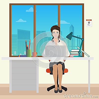 Woman Secretary office manager in office interior. Businesswoman person working on laptop. Vector Illustration