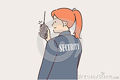 Woman security guard uses walkie-talkie to contact colleagues or report intruder Vector Illustration