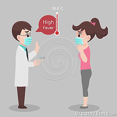 Woman see doctor for check herself, temperature for corona virus scanning, She is infect, results is high fever Vector Illustration