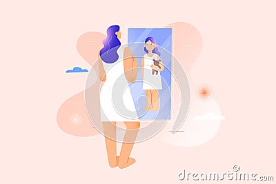 Woman seeing herself as child girl in mirror reflexion, inner child psychology therapy concept, inner child concept Vector Illustration