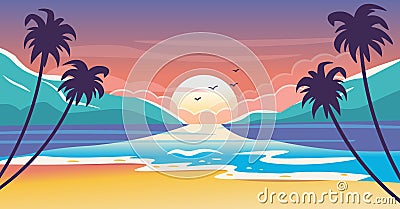 Woman seeing the summer landscape in her hair. Evening beach at sunset with waves the sun and palm trees. Vector illustration Vector Illustration