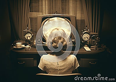 Woman seen from behind of a tv screen. Retro interior. Stock Photo