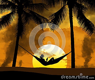 A woman is seen in a hammock between palm trees as Hawaii wild fires burn in the background Cartoon Illustration