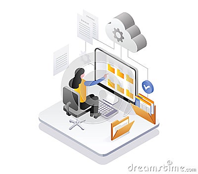 Woman is selecting a folder in big data Vector Illustration