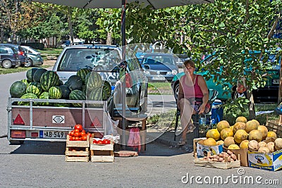 Woman seller of watermelons on the street in Zrenjanin, Serbia Editorial Stock Photo