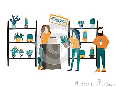 A woman sells cacti and succulents at a flower shop. Flat style illustration. Customer and a shop assistant concept Vector Illustration