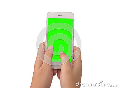 Woman send text on mobile phone with green screen isolated Stock Photo