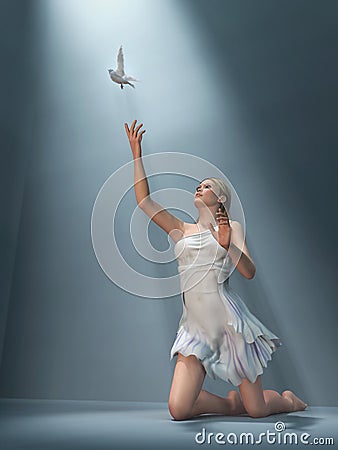 Woman send white dove Stock Photo