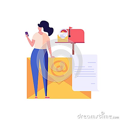 Woman is sending or receiving a letter from phone. Concept of subscribe newsletter, subscription, email subscribe, correspondence Vector Illustration