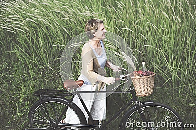 Woman Senior Bicycle Carefree Freshness Peaceful Concept Stock Photo