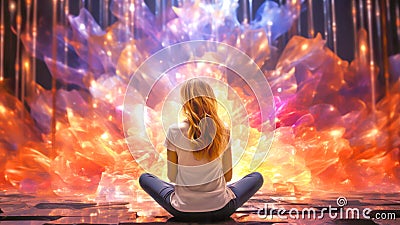 Woman in serene lotus position in front of bright colorful emotional explosion of light Stock Photo