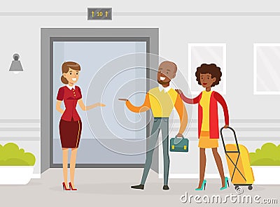 Woman Servant as Hotel Staff in Uniform Accepting Man and Woman Visitor Vector Illustration Vector Illustration