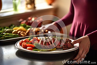 woman serving slices of beef roast onto plate Stock Photo