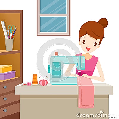 Woman Sewing Clothes By Sewing Machine Vector Illustration