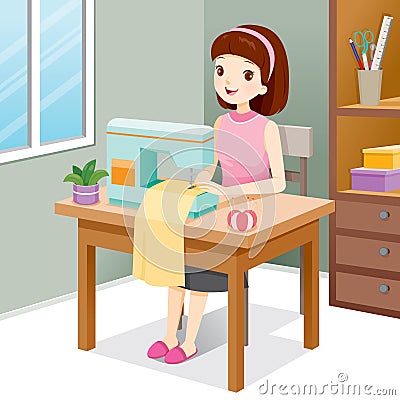 Woman Sewing Clothes By Sewing Machine Vector Illustration