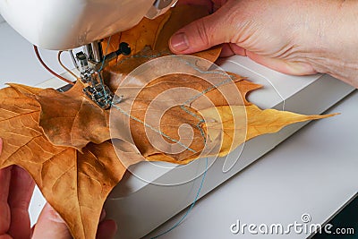 woman sewing dried tree leaves by machine Stock Photo