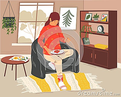 Woman sewing. Girl with embroidery, hoop and needle. Young female sitting in armchair. Room interior. Handmade textile Vector Illustration