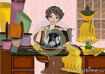 Woman and sewing machine Cartoon Illustration