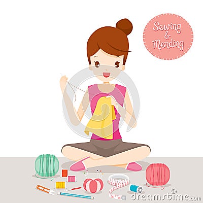 Woman Sewing And Mending Clothes By Hand Vector Illustration