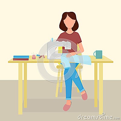 A woman sews on a sewing machine. The needlewoman sews up the shirt. Young girl is engaged in needlework. Hobby. A dressmaker Vector Illustration