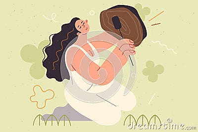 Woman shaman plays sacred drum, demonstrating traditional ritual for summoning spirits Vector Illustration