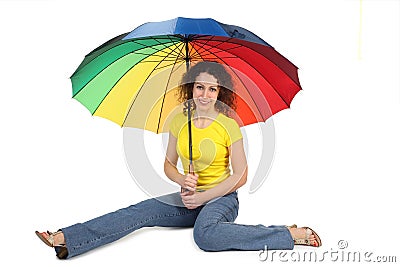 Woman in shirt with multicolored umbrella Stock Photo