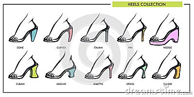 Woman shoe heels type models collection vector isolated female footwear line icons Vector Illustration
