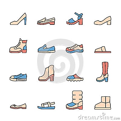 Woman shoe line icon set. Boot, sandal, moccasin, slipper, mule flat sign. Color vector illustration Vector Illustration