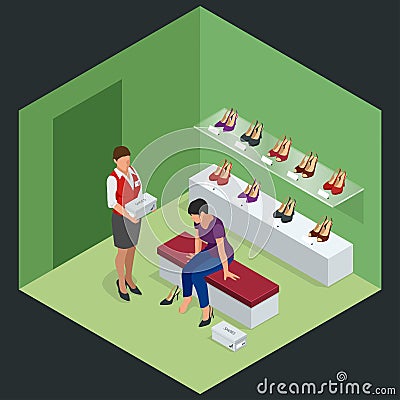 Woman at shoe store. Young woman choosing shoes in a shoe store. Shoes stand high heels. Isometric vector illustration Vector Illustration